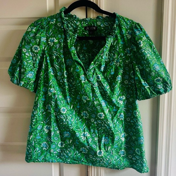 J. Crew Green Floral Puff-Sleeve Marigold Blooms Blouse Extra Small - Picture 2 of 7